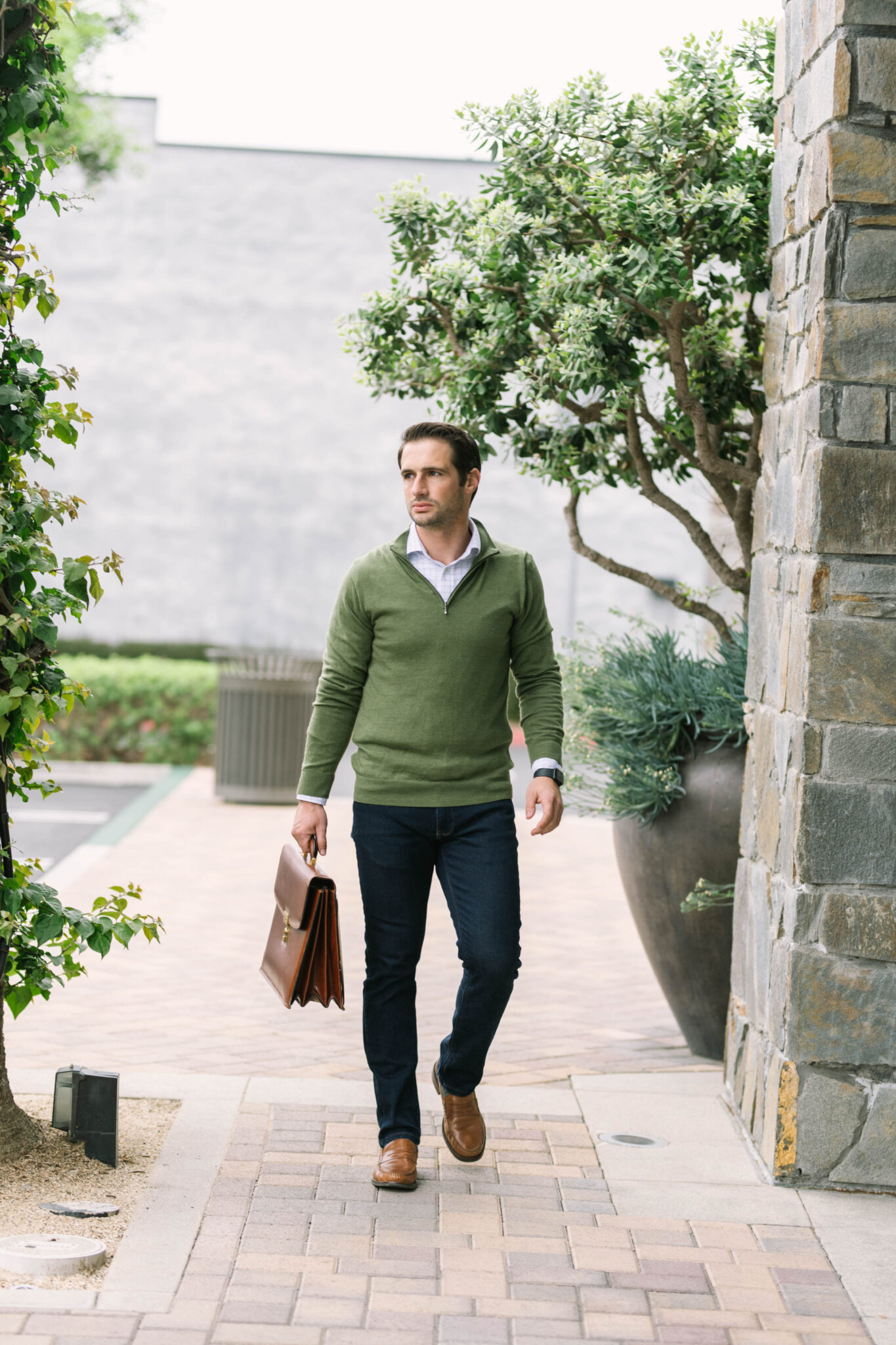 Mott & Bow Mercer Slim Jean dark wash work outfit sweater and jeans with loafers