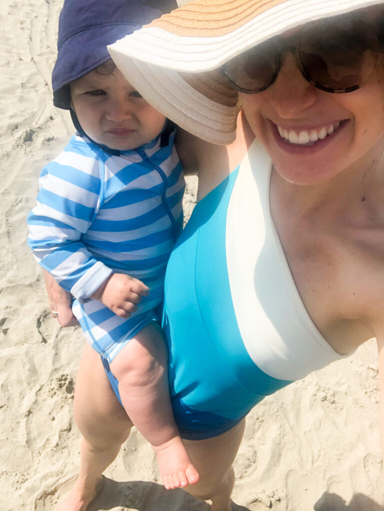 sidestroke swimsuit at the beach - a great summersalt one piece for moms