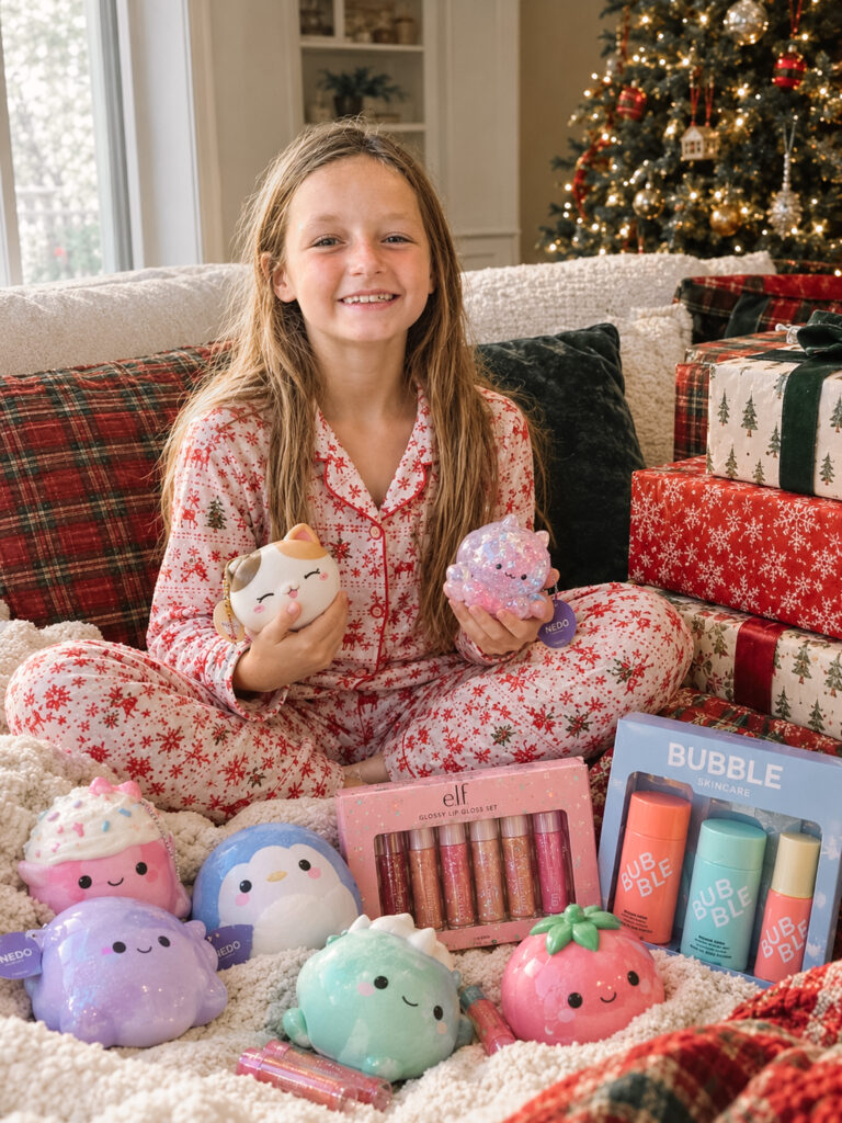 10 year old girl sitting with a pile of gifts on christmas morning