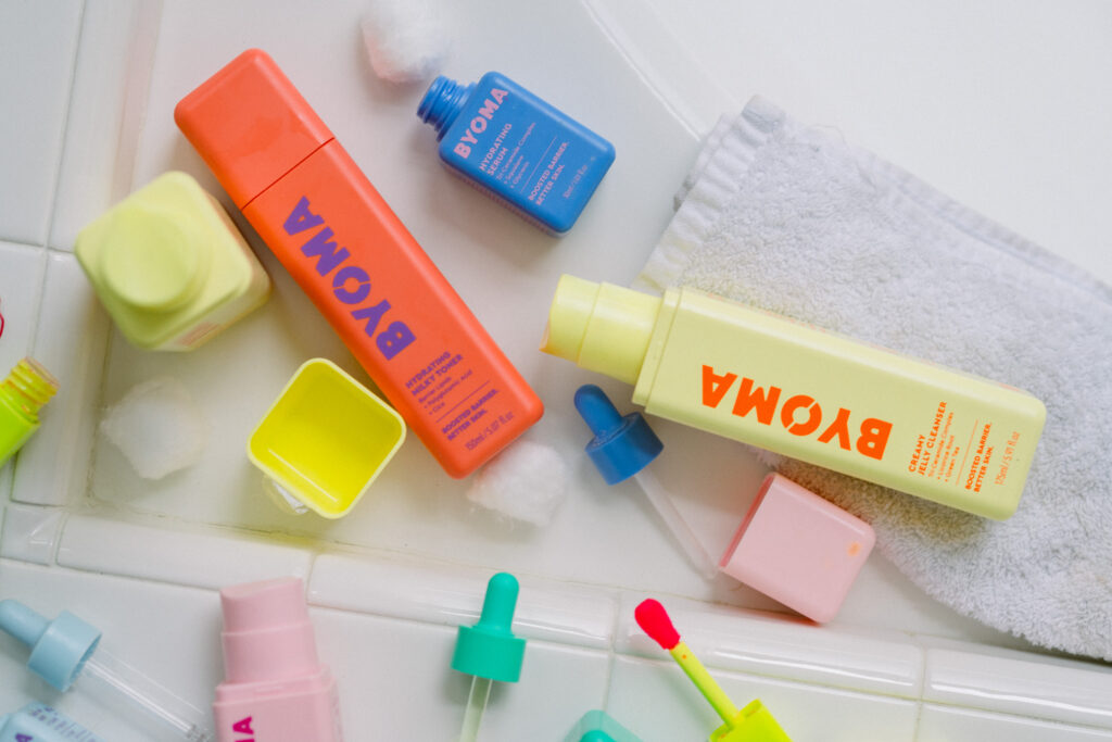 BYOMA products in a bathroom for a review