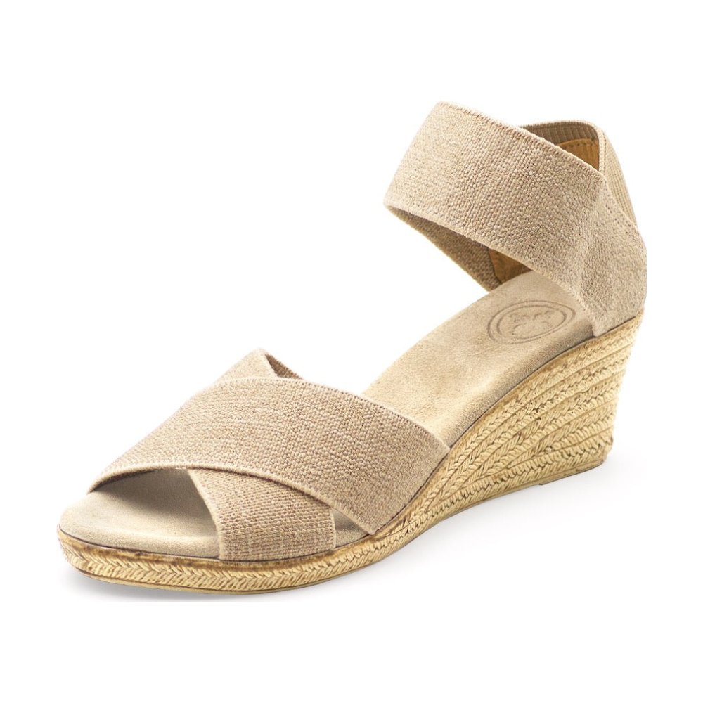 Charleston Shoe Co. Cannon espadrille wedge in linen, a slip-on wedge with elastic straps