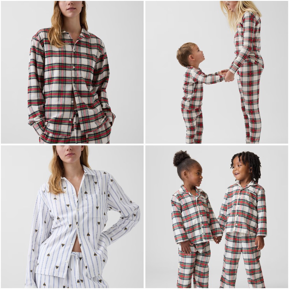Gap family flannel pajamas in cream plaid, red check and a white holiday print