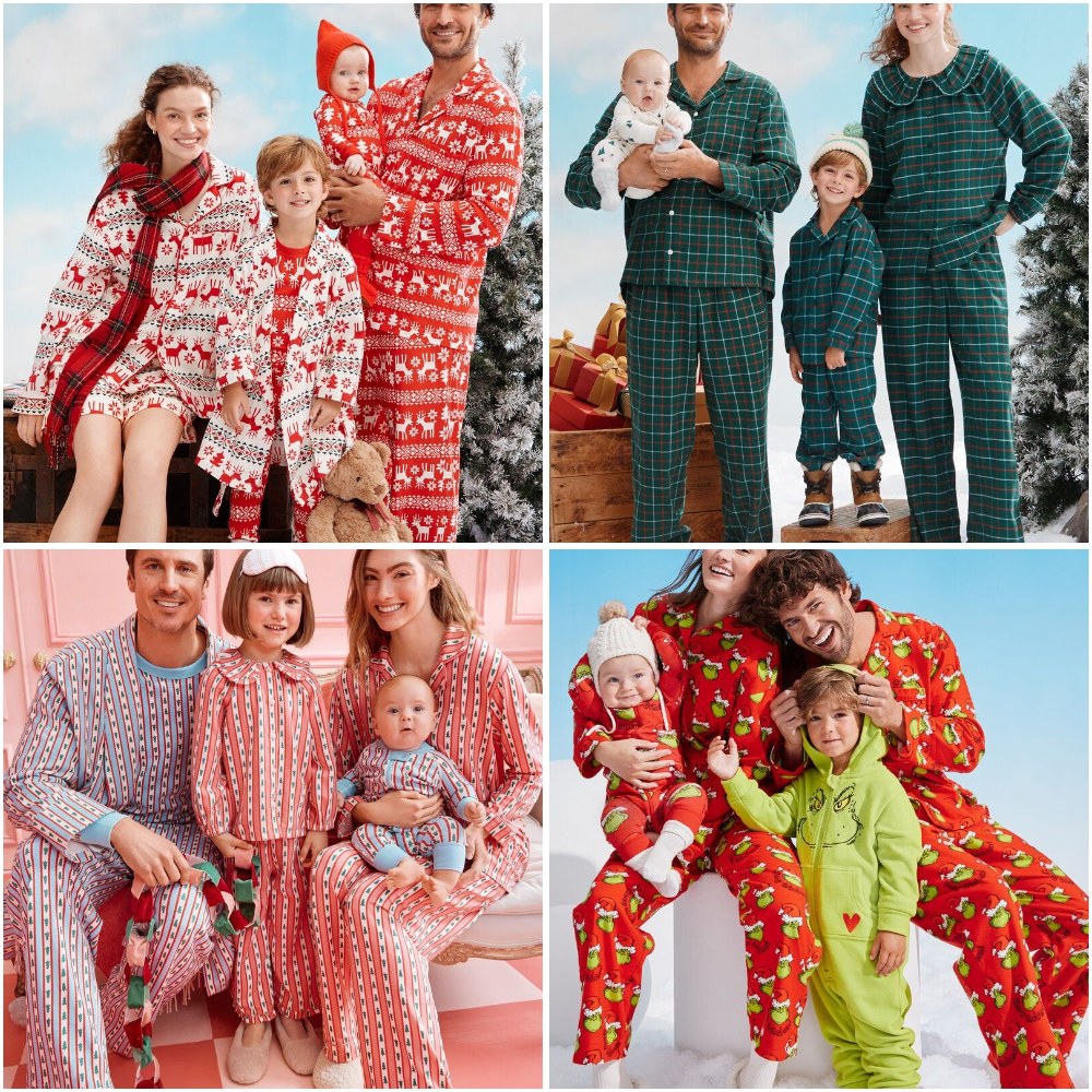 Families in four Hanna Andersson matching Christmas pajama prints, including Fair Isle, green plaid, classic stripe and Grinch