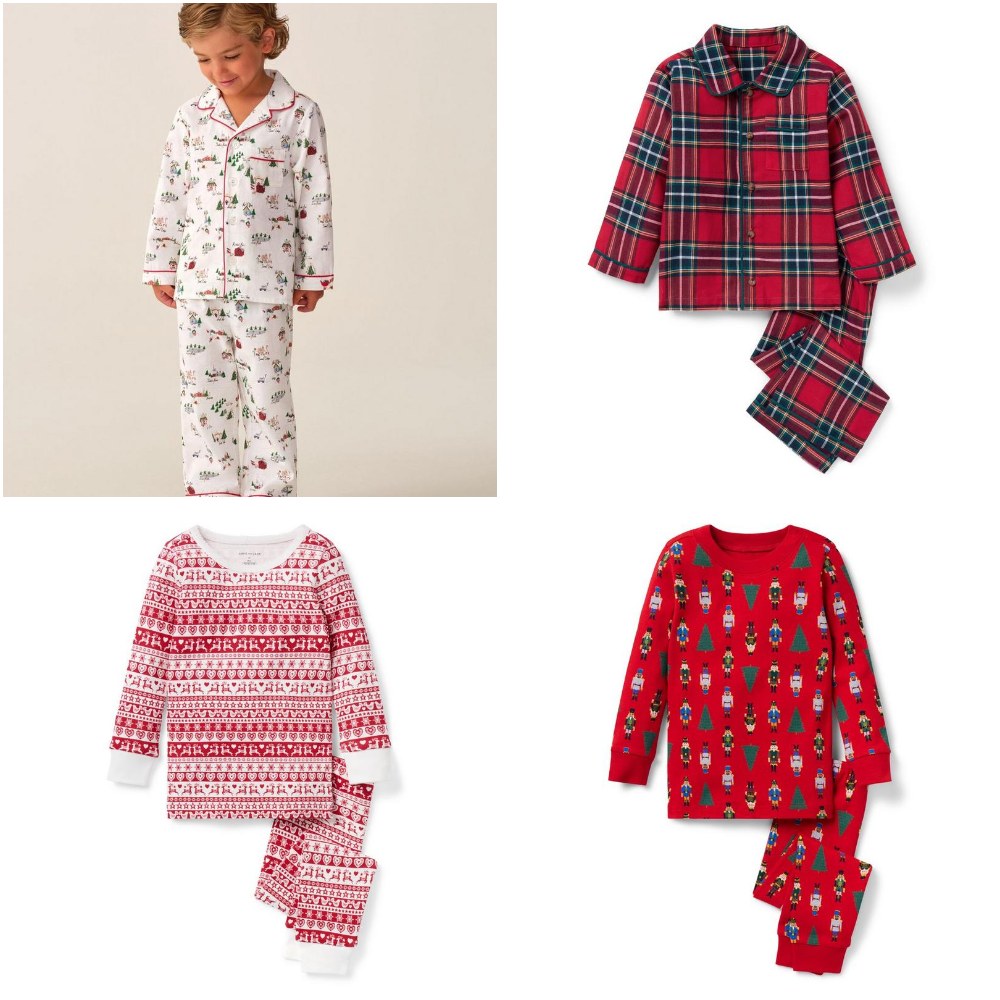 Janie and Jack holiday pajamas in a Christmas print, red tartan, Fair Isle and a red holiday print