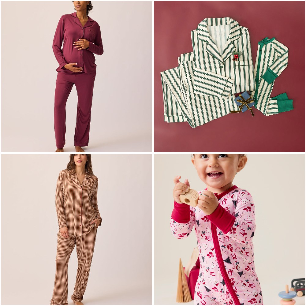 Kindred Bravely bamboo pajamas for mom in deep burgundy and auburn gingham, with mommy and me holiday pajamas