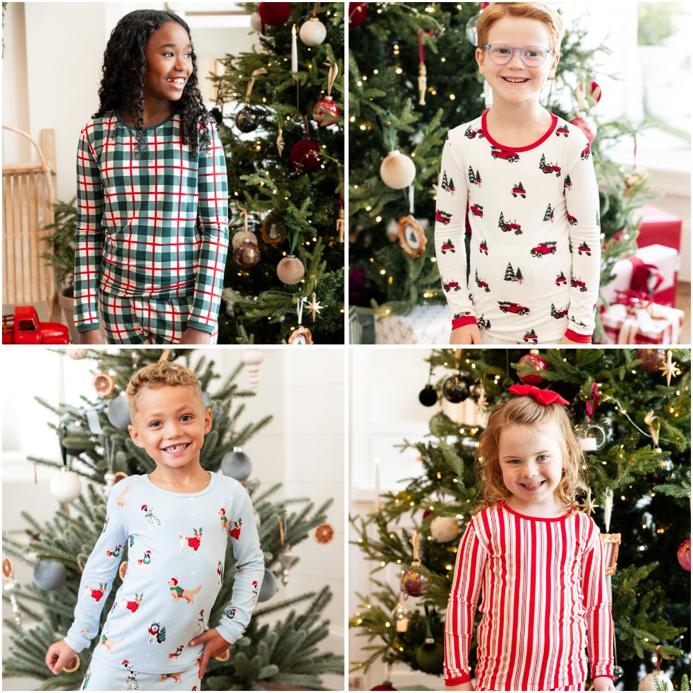 Kyte Baby bamboo holiday pajamas in Holiday Plaid, Holiday Tree Farm, Holiday Pups and Peppermint Stripes