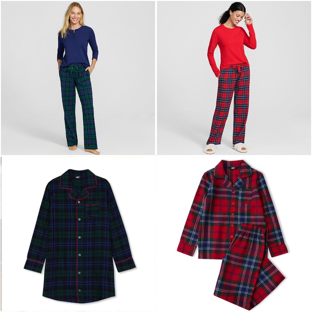 Lands' End holiday pajamas: Black Watch and red plaid adult pajamas, a girls' Black Watch flannel nightgown and a kids' red plaid flannel pajama set