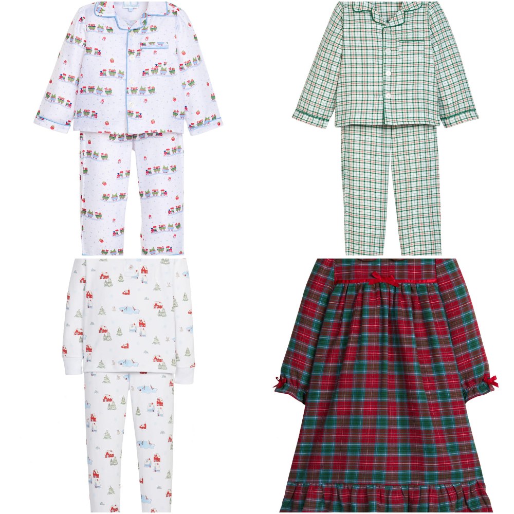 Little English Christmas pajamas in Holiday Trains, Mistletoe Tartan, Christmas Village and Highlands Tartan