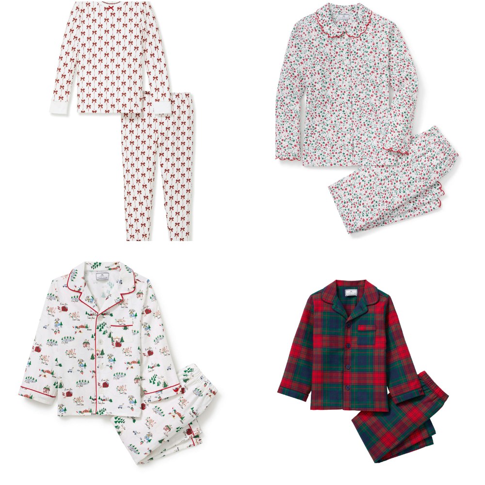 Holiday pajamas at Maisonette in Blissful Bows, Winter Garden, North Pole Chronicles and St. James Tartan prints