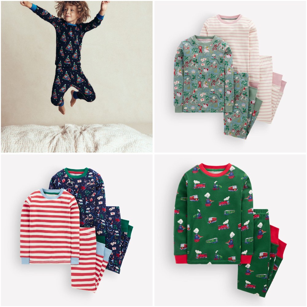 Mini Boden holiday pajamas for kids, including Christmas tree, Polar Post and train prints
