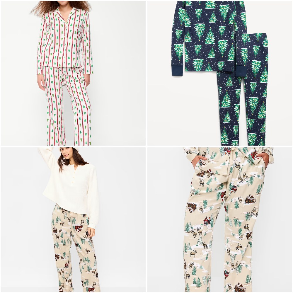 Old Navy matching Christmas pajamas in a candy stripe, a navy tree print and cream holiday prints