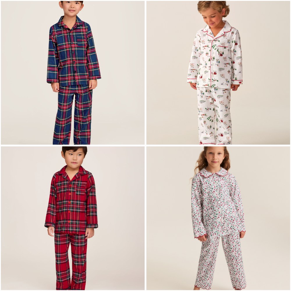 Petite Plume holiday pajamas in Windsor Tartan, North Pole Chronicles, Imperial Tartan and Winter Garden prints