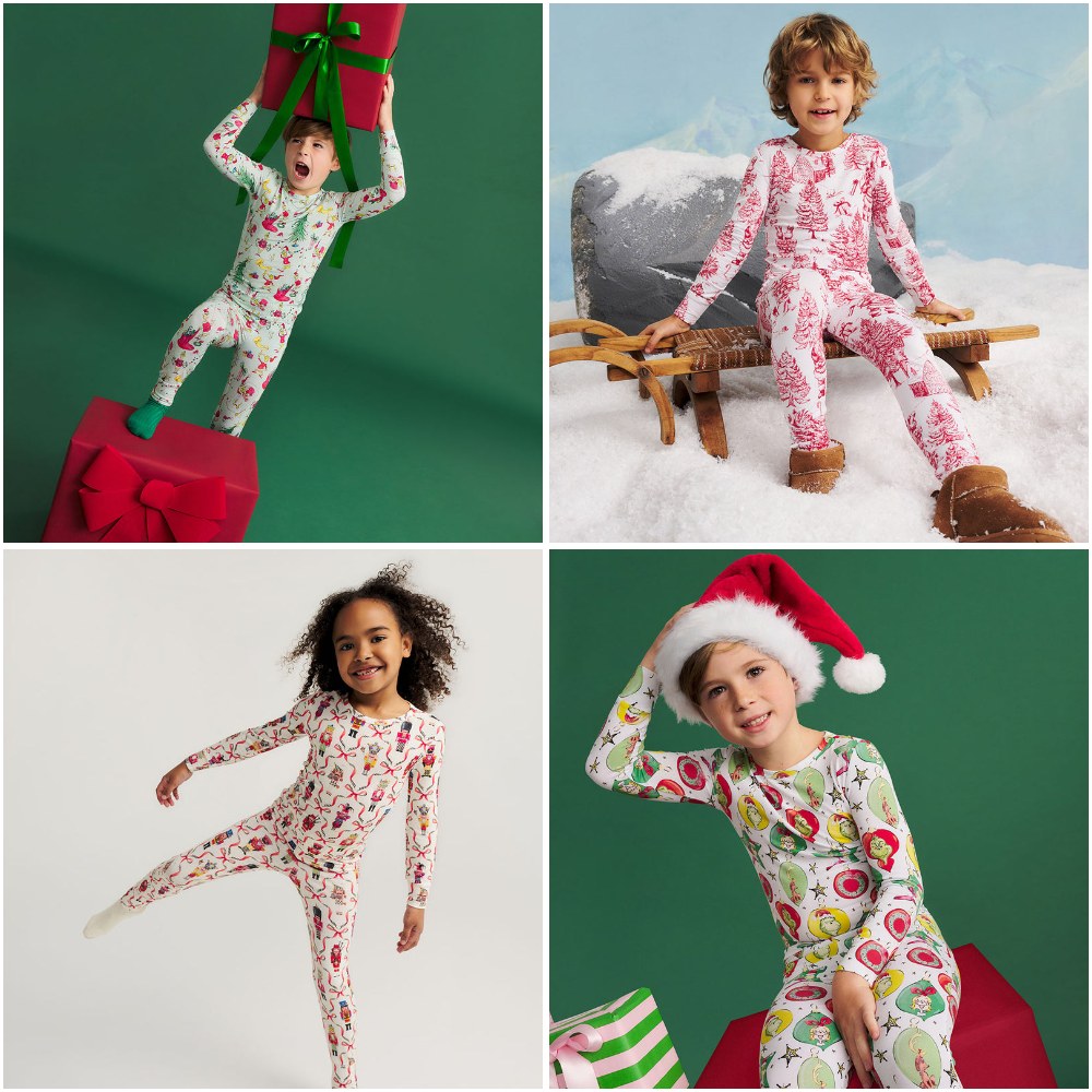 Posh Peanut bamboo Christmas pajamas in Dr. Seuss Stealing Christmas, Father Christmas, MacKenzie-Childs Nutcrackers and Grinchmas Ornaments prints