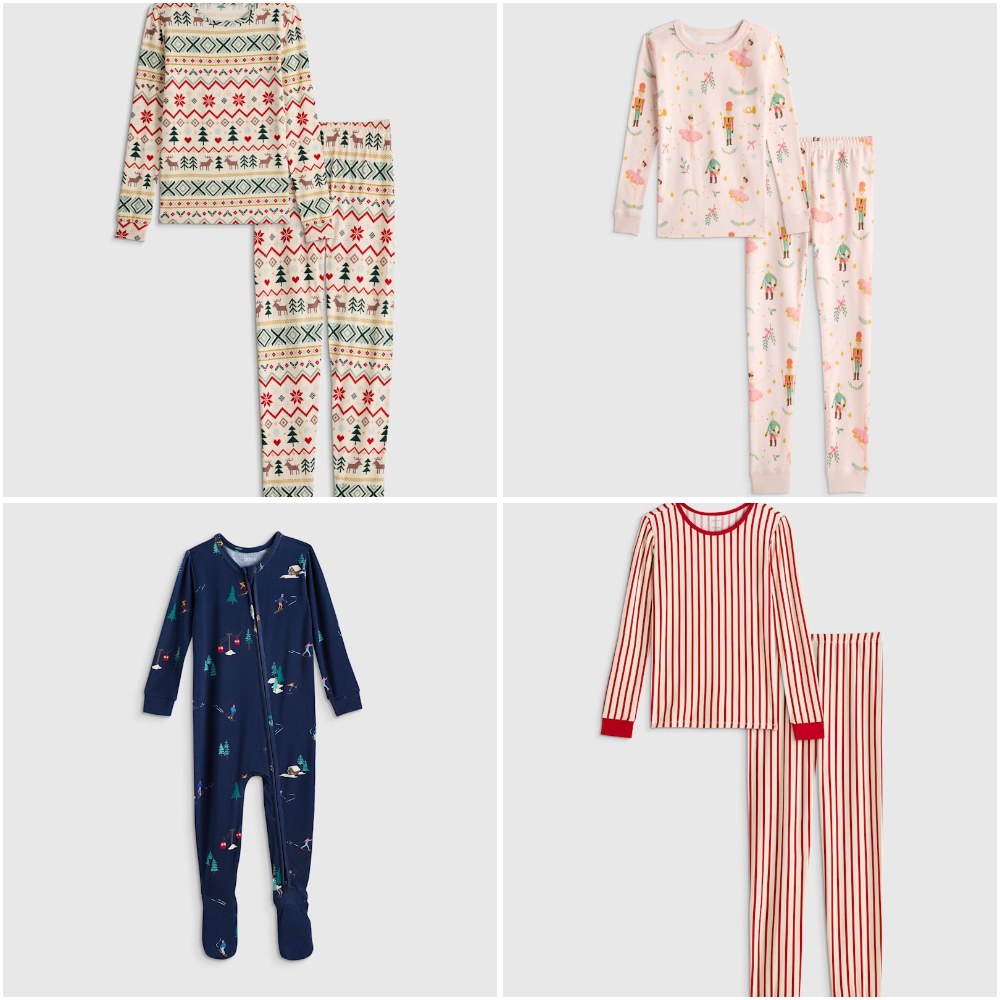 Quince holiday pajamas in Fair Isle, Nutcracker, Ski Slope and red candy stripe prints