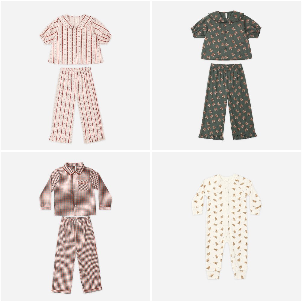 Rylee + Cru holiday pajamas in Candy Cane Lane, Evergreen Bouquet, Holiday Gingham and Gingerbread prints