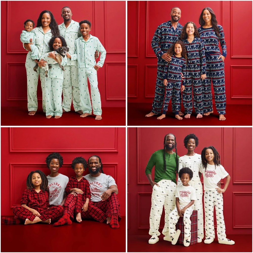 Target Wondershop matching family pajamas in Trees, Reindeer Fair Isle, red and black plaid and Holiday Dachshund prints