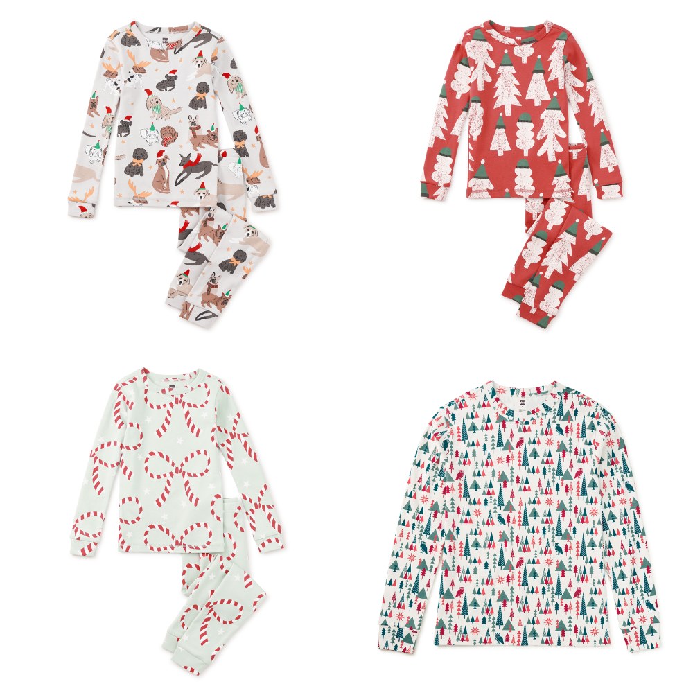 Tea Collection holiday pajama sets for kids and an adult pajama top