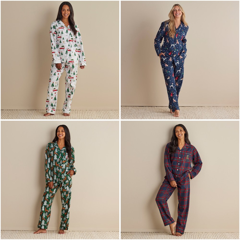 The Company Store Family Flannel pajamas in four holiday prints, including Holiday Pups, Deer Path and a red plaid